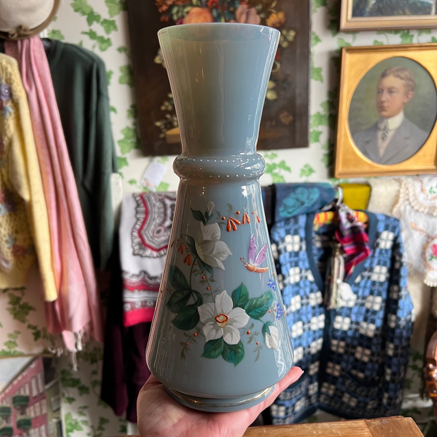 Antique Victorian Hand Painted Opaline Glass Carafe Vase Blooms & Butterfly