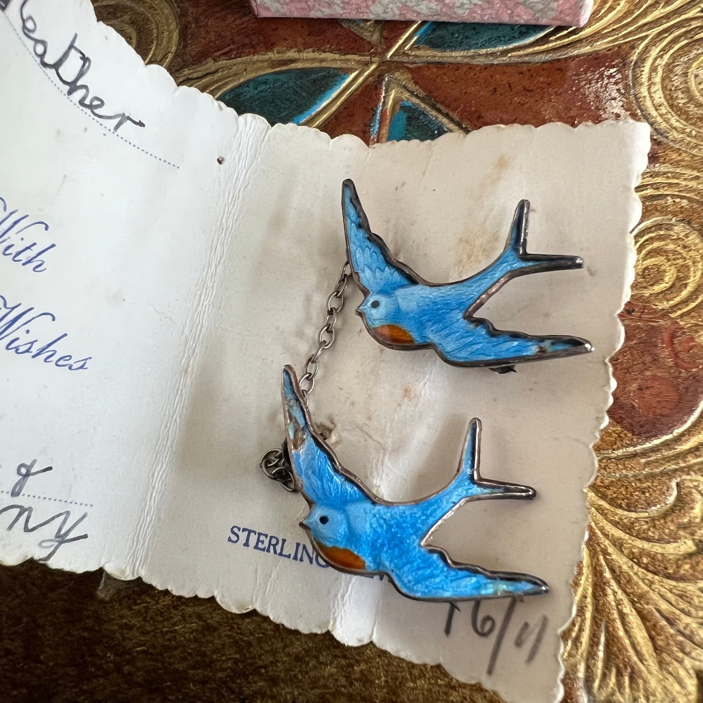 Antique Silver Enamel Blue Birds of Happiness Duo Brooch Original Card & Box