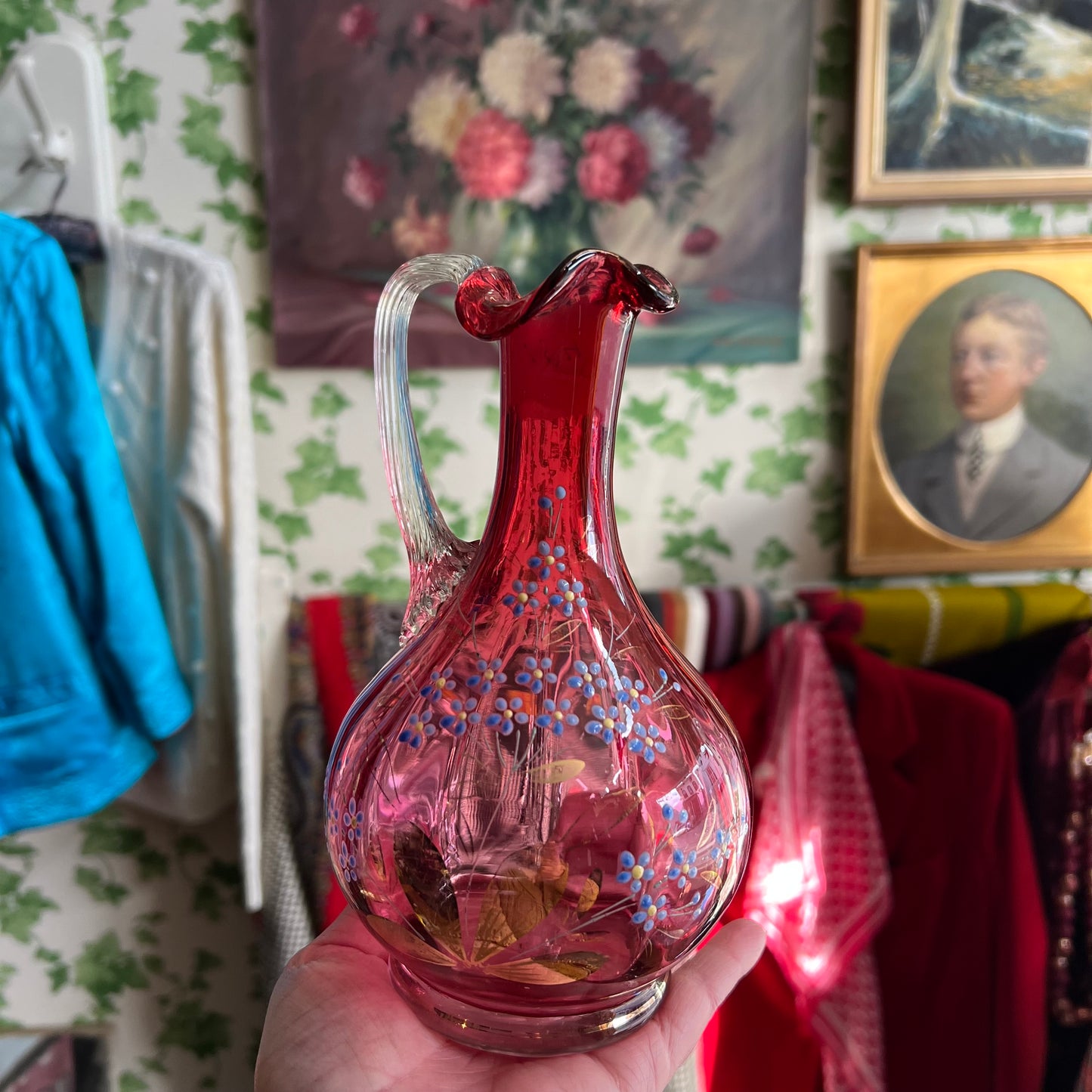Antique Cranberry Glass Pitcher with Handpainted Daisies