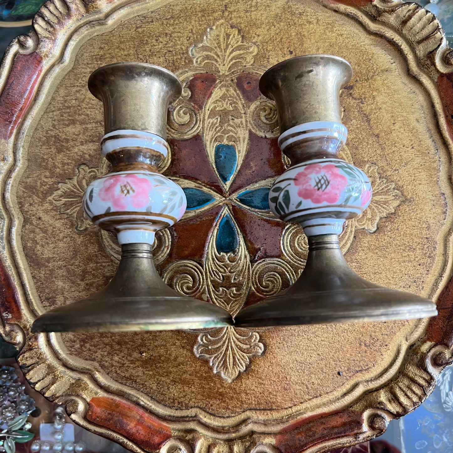 Vintage Brass & Hand Painted Porcelain Candlestick Pair