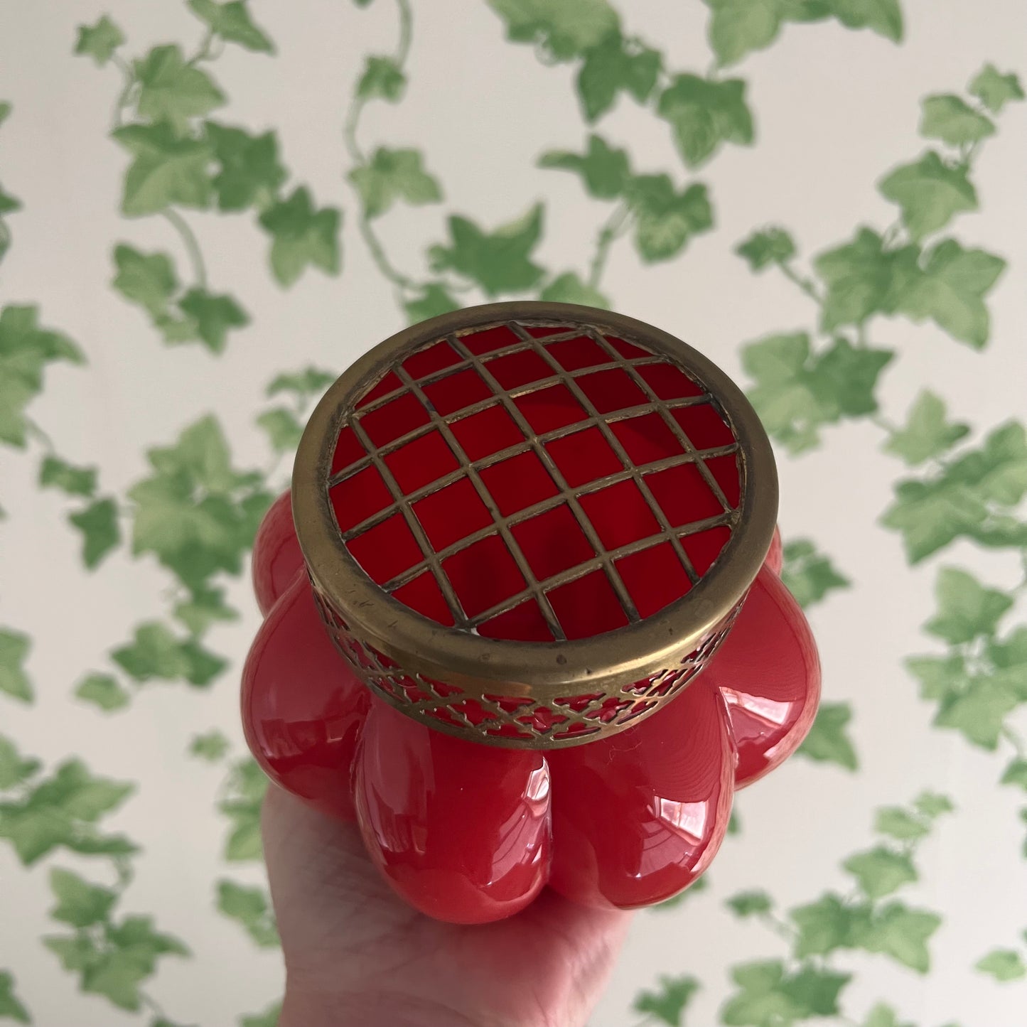 Vintage Art Deco Glass Vase with Brass Flower Stay