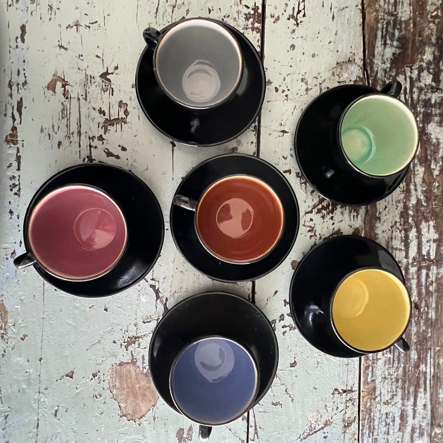 Vintage Mid Century Pottery Harlequin Cup Saucer Set 6