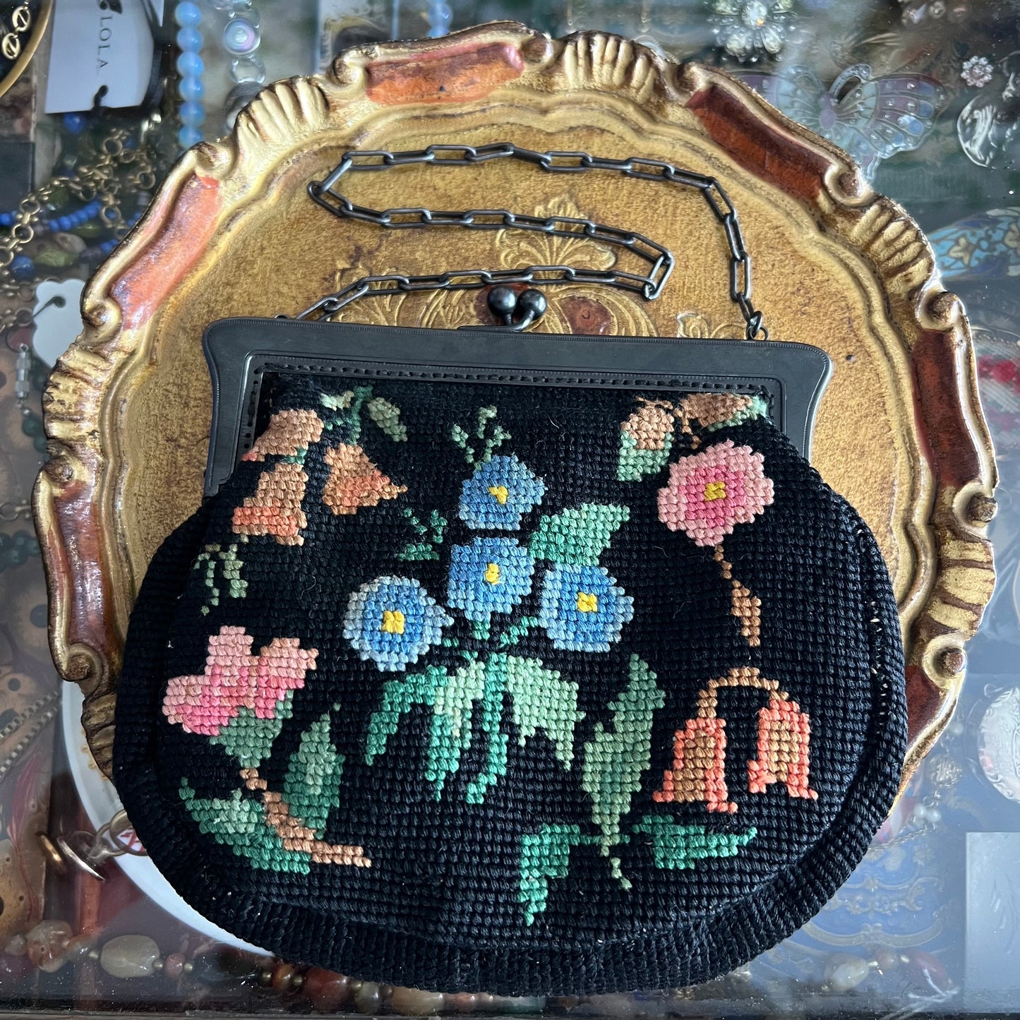 Vintage Floral Needlepoint Tapestry Small Handbag