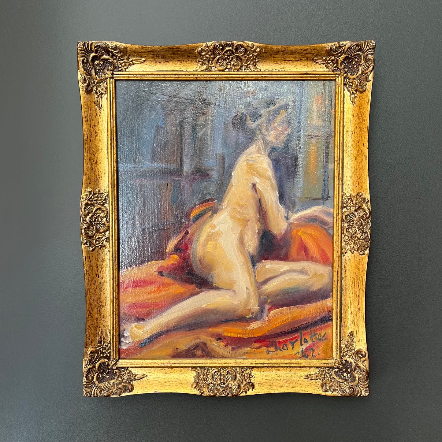 Vintage Oil Painting Female Nude in Gilt Frame 1940s