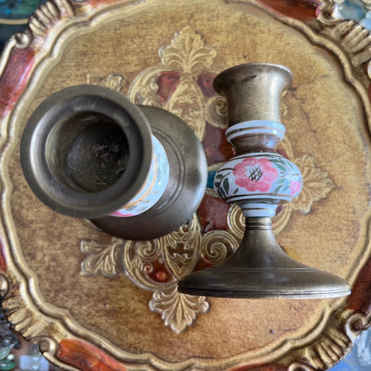 Vintage Brass & Hand Painted Porcelain Candlestick Pair