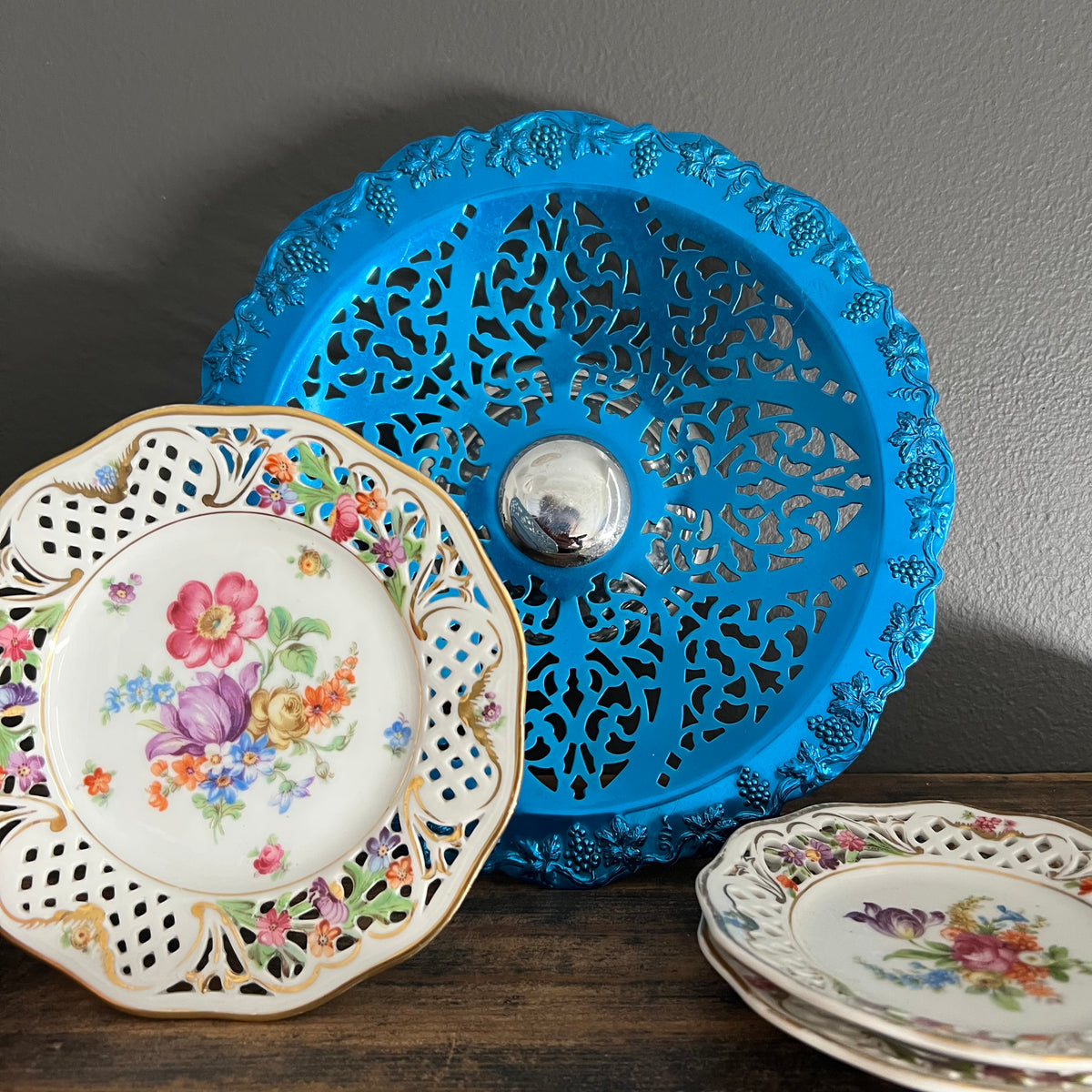 Vintage Hand Painted Porcelain Plates by Dresden Collection of 3