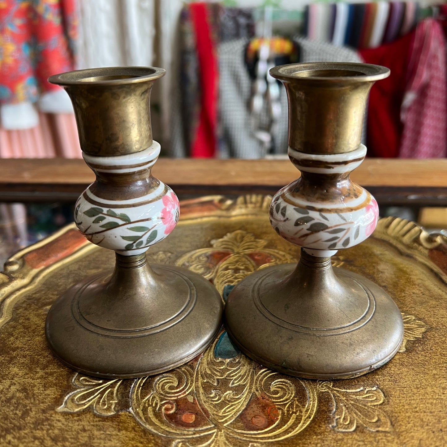 Vintage Brass & Hand Painted Porcelain Candlestick Pair