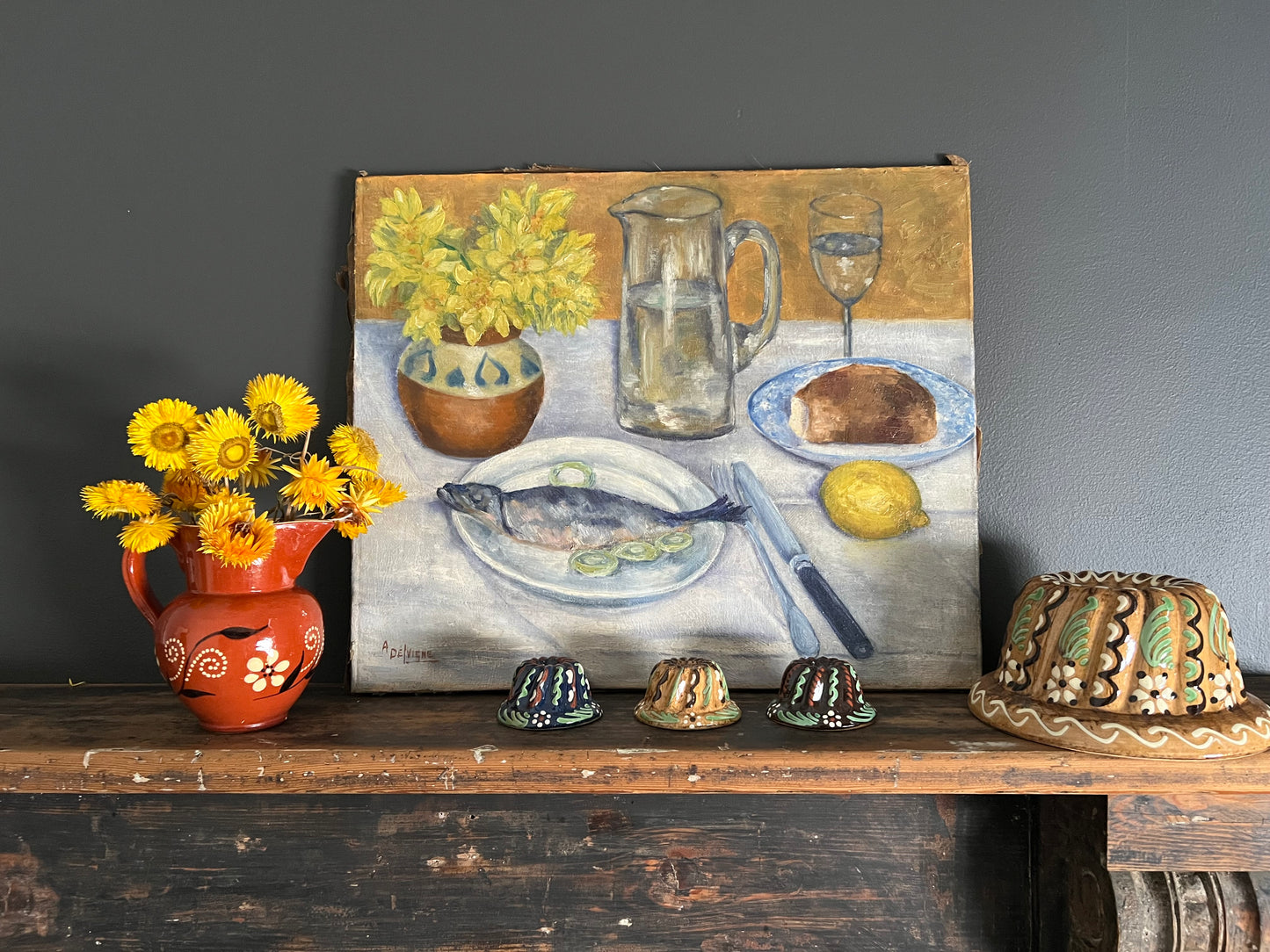 Antique Oil Painting Still Life Tabletop Scene with Fish Dinner France