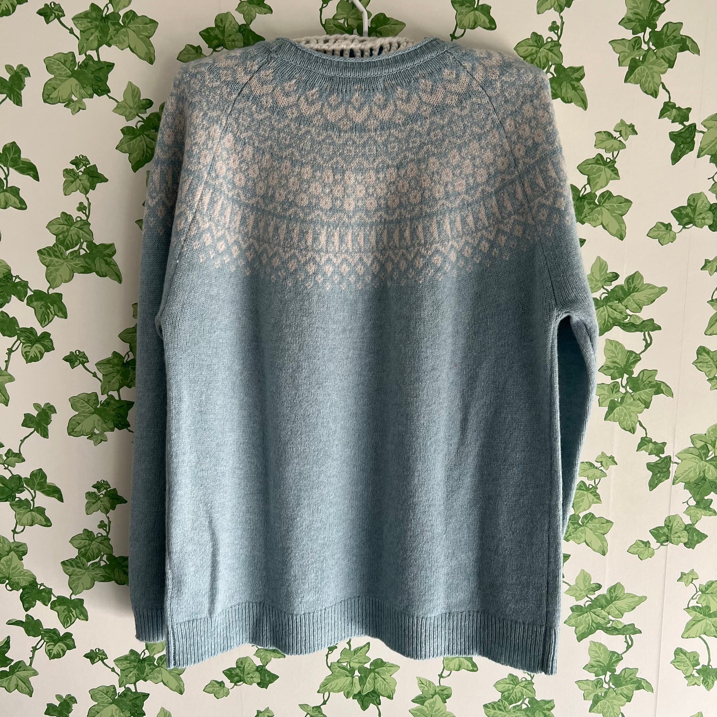 Fair Isle Style Wool Jumper~ Pale Blue & Cream XL New