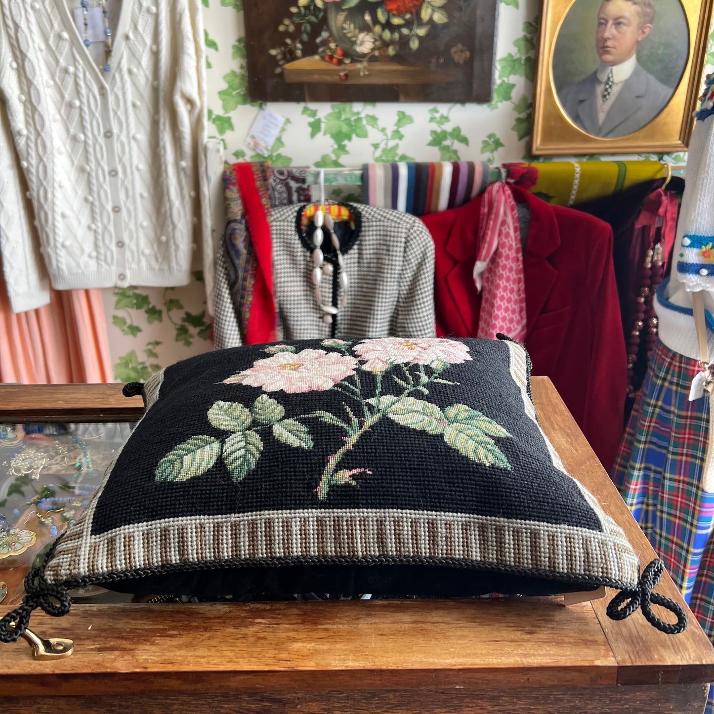 Gorgeous Blush Pink Roses & Buds Wool Tapestry & Velvet Cushion