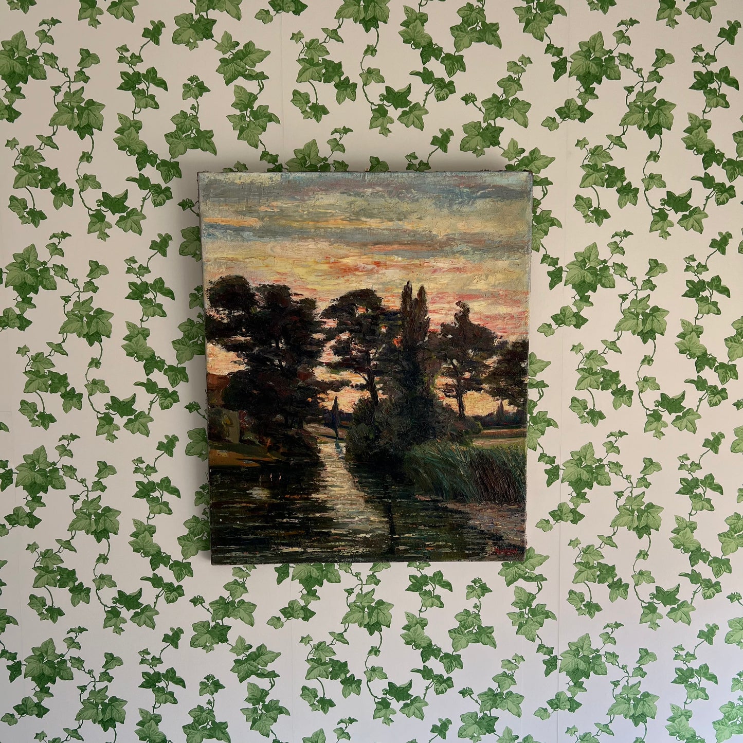 Large Vintage Landscape Painting Countryside with River at Sunset