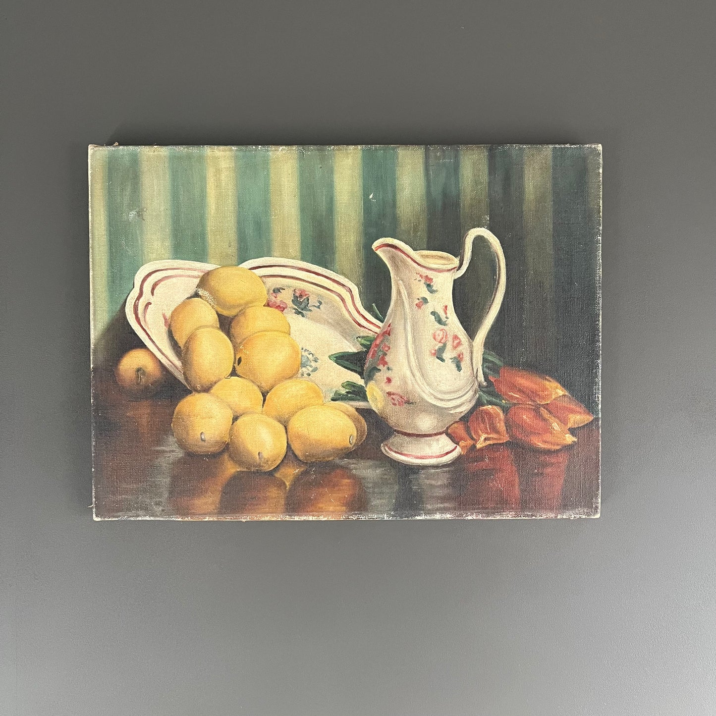 Vintage Oil Painting French Still Life Lemons, Tulips & Stripes c1930s
