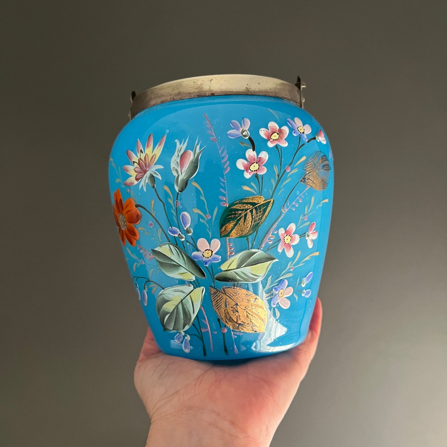 Antique Victorian Hand Painted Glass Biscuit Barrel