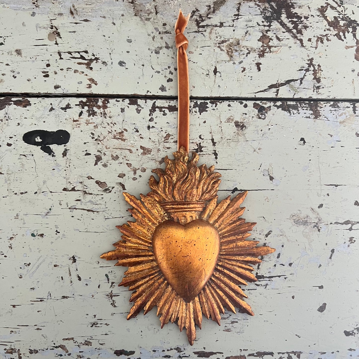 Golden Sacred Heart with Flame & Velvet Ribbon