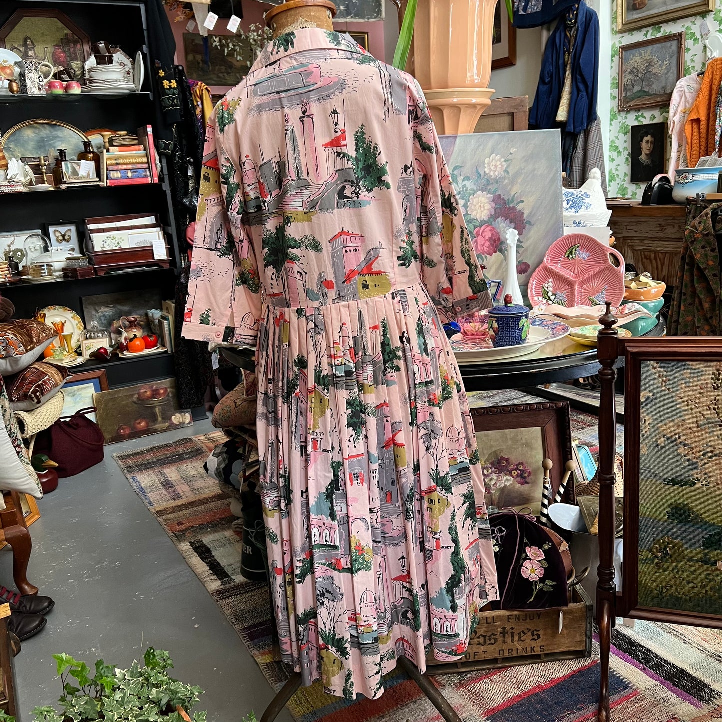 Lazybones Vintage Style Dress Pink Streetscape Organic Cotton