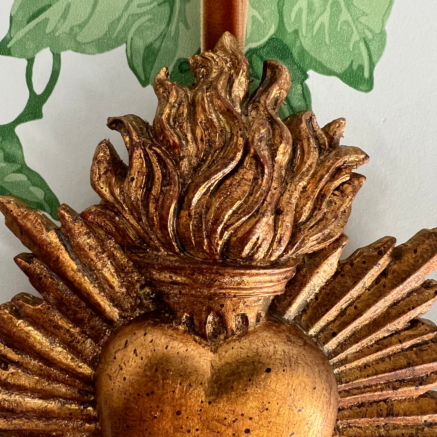 Golden Sacred Heart with Flame & Velvet Ribbon