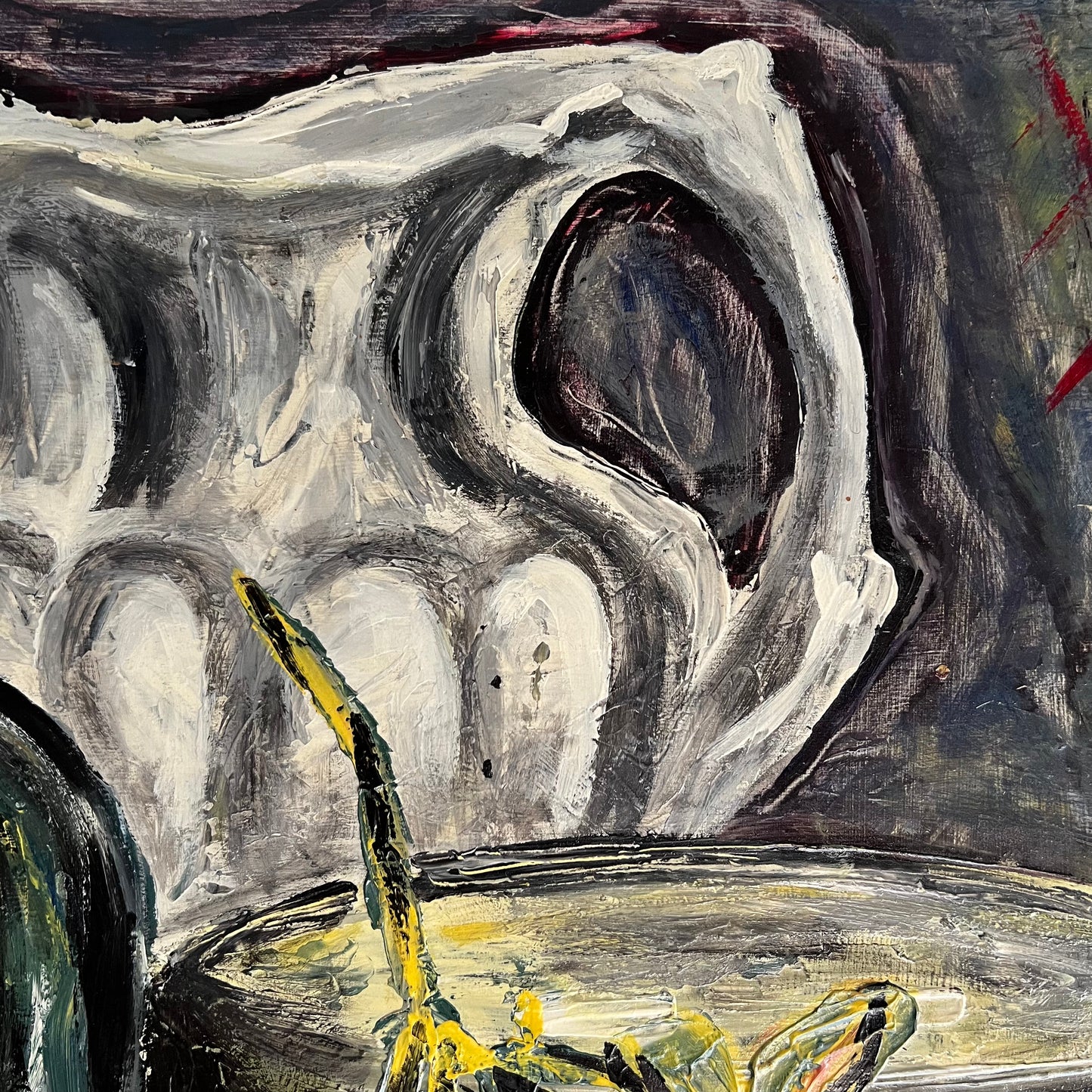 Large Vintage Oil Painting Still Life Pumpkin, Pitcher and Porridge 1970