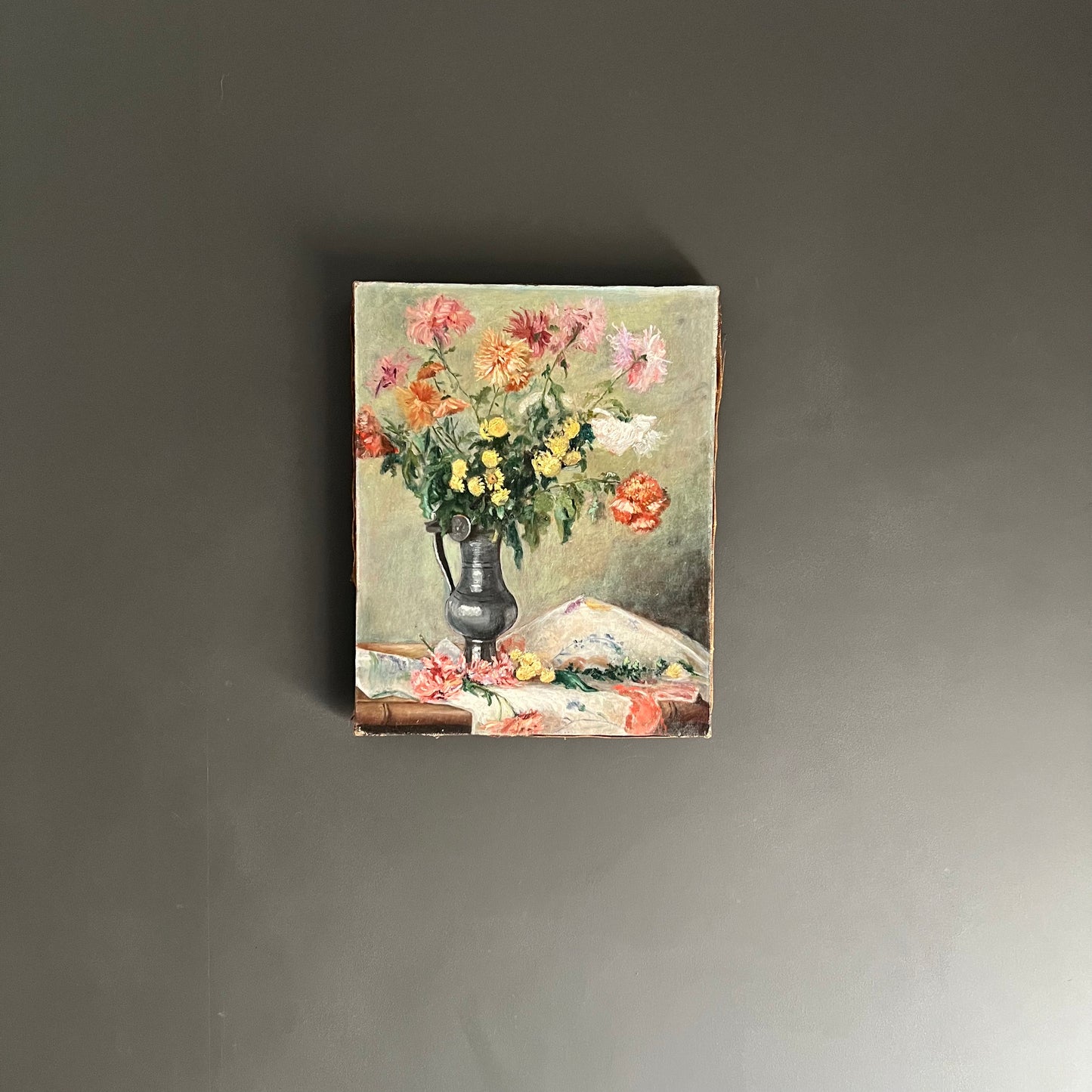 Antique Oil Painting Still Life Flowers in Pewter Jug French c1880s