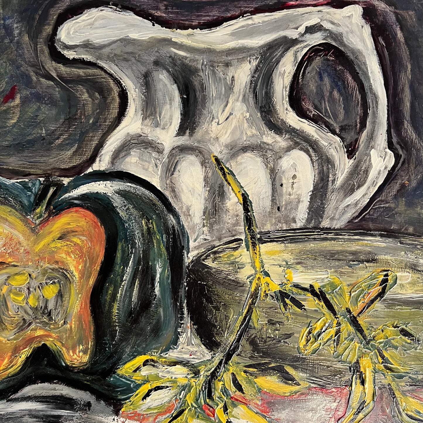 Large Vintage Oil Painting Still Life Pumpkin, Pitcher and Porridge 1970