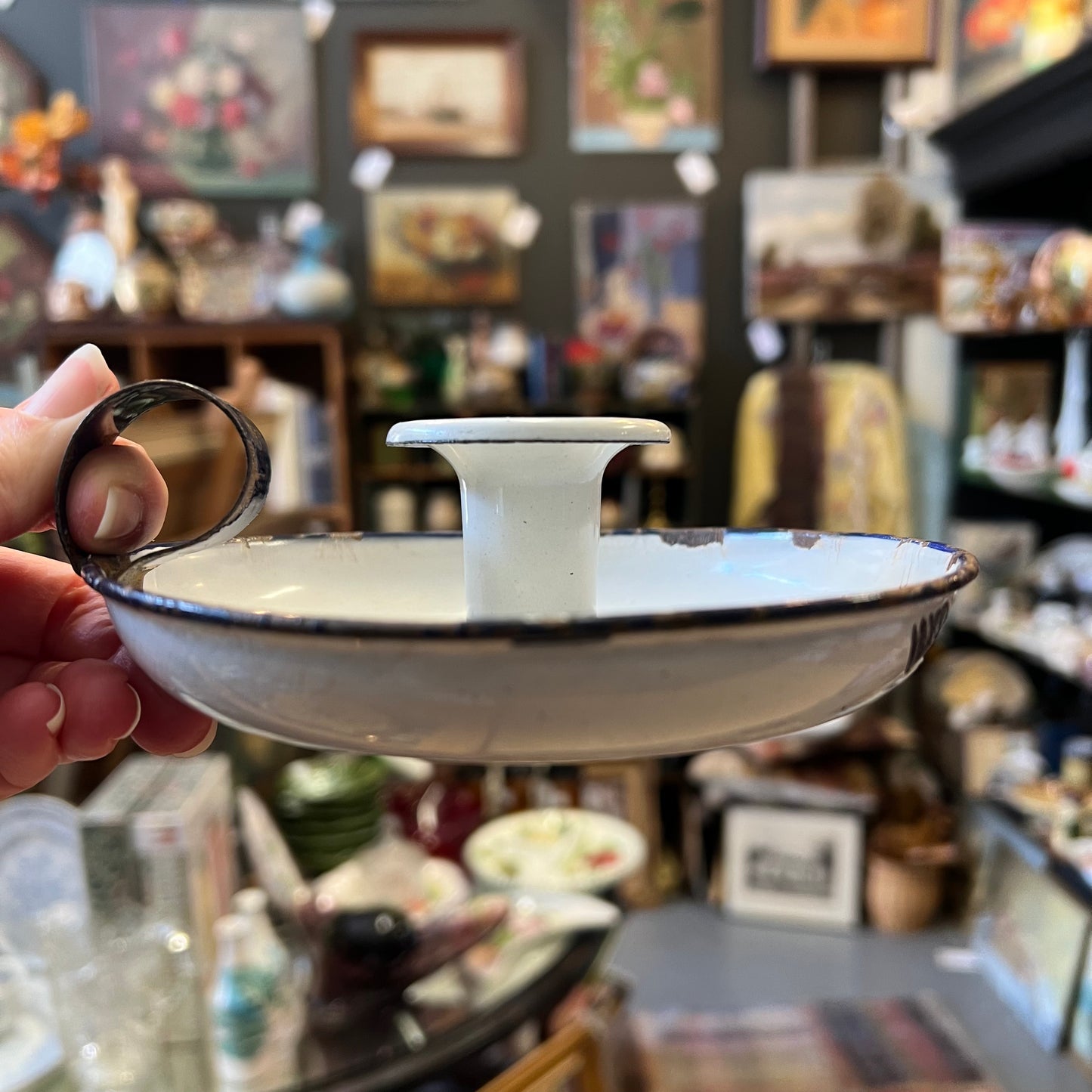 Vintage Rustic Chippy Enamel White & Blue Candlestick