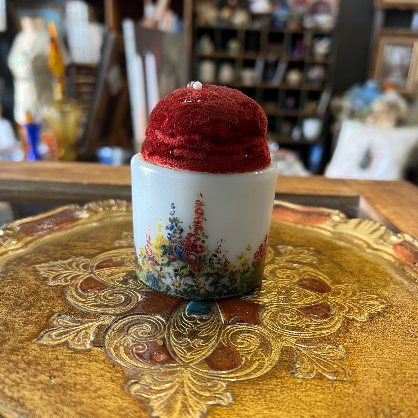 Vintage Hand Painted Cottage Garden Pond’s Milk Glass Jar Pincushion