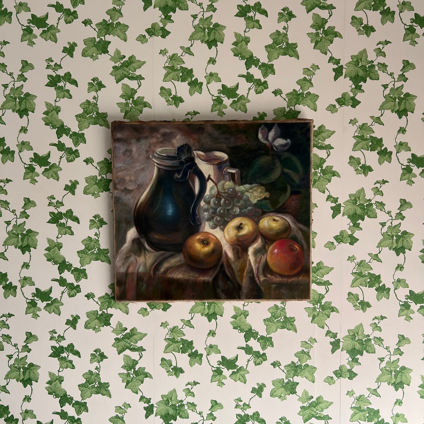 Vintage Pastel Painting Still Life Fruit, Jugs and Magnolia Flower