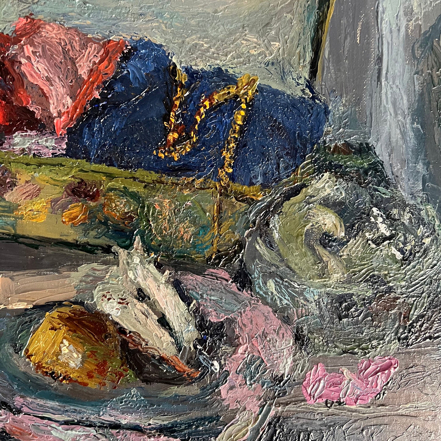 Vintage Oil Painting Still Life Ribbons Shells and Rose French 1960