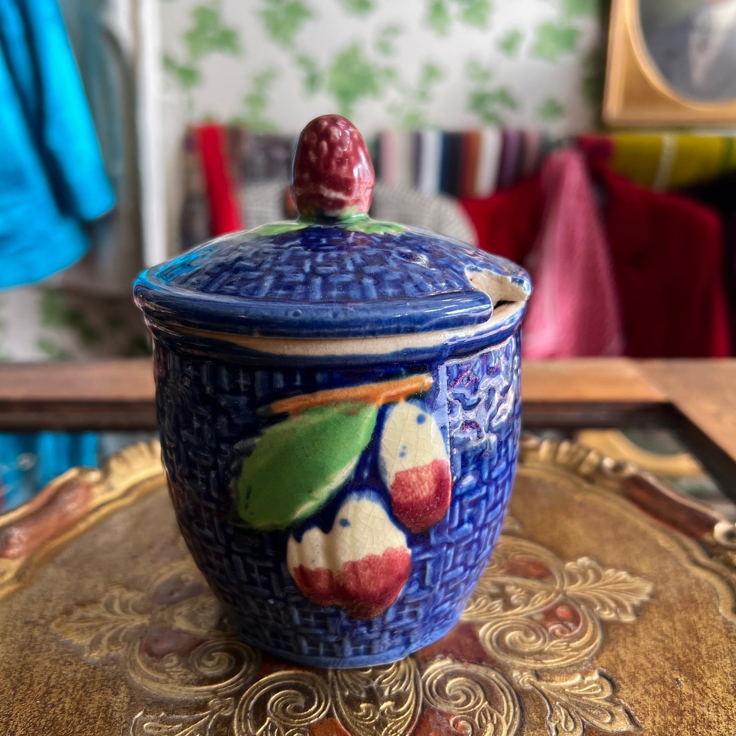 Vintage Majolica Style Glazed Pottery Jam Pot