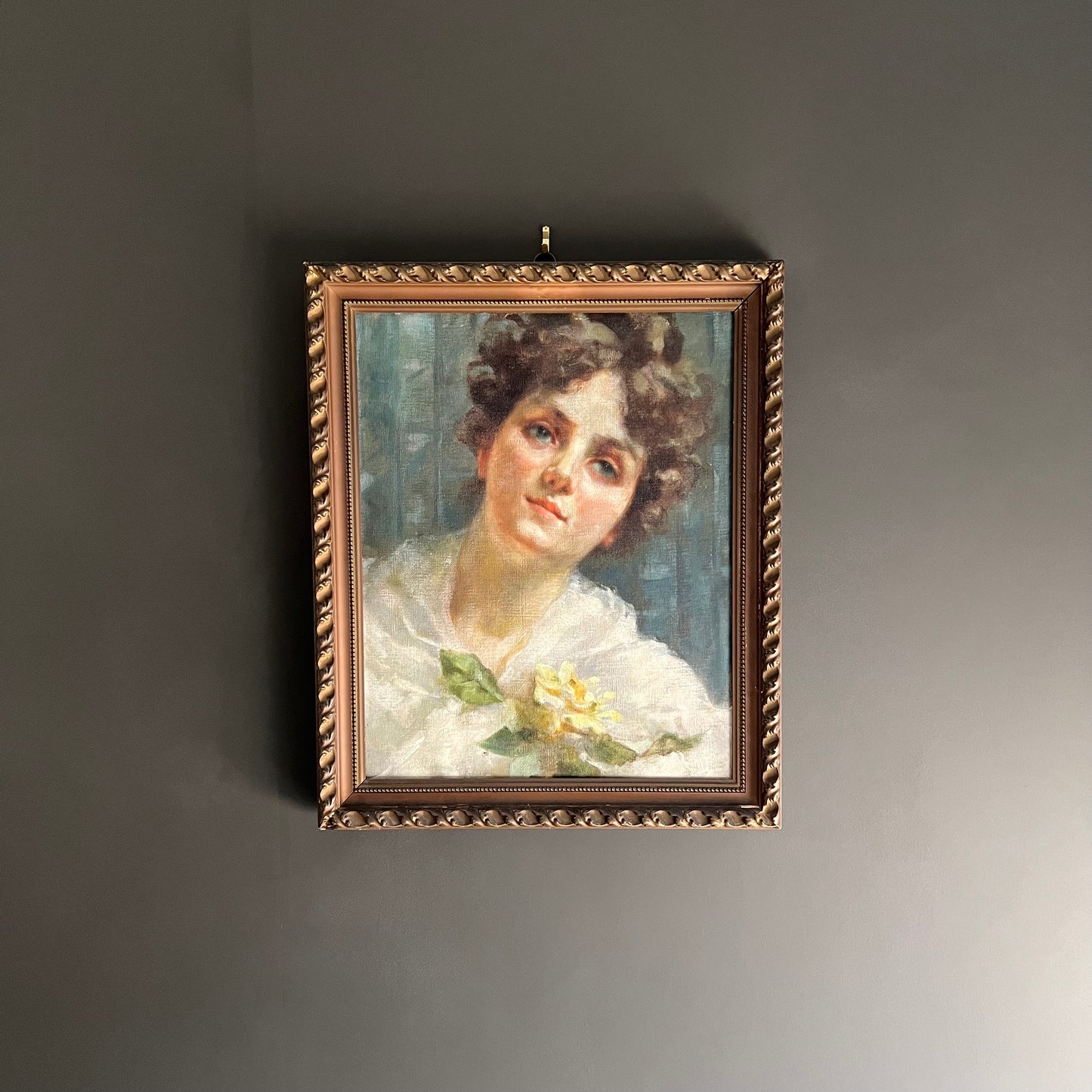 Antique Oil Painting Portrait English Beauty with Yellow Rose