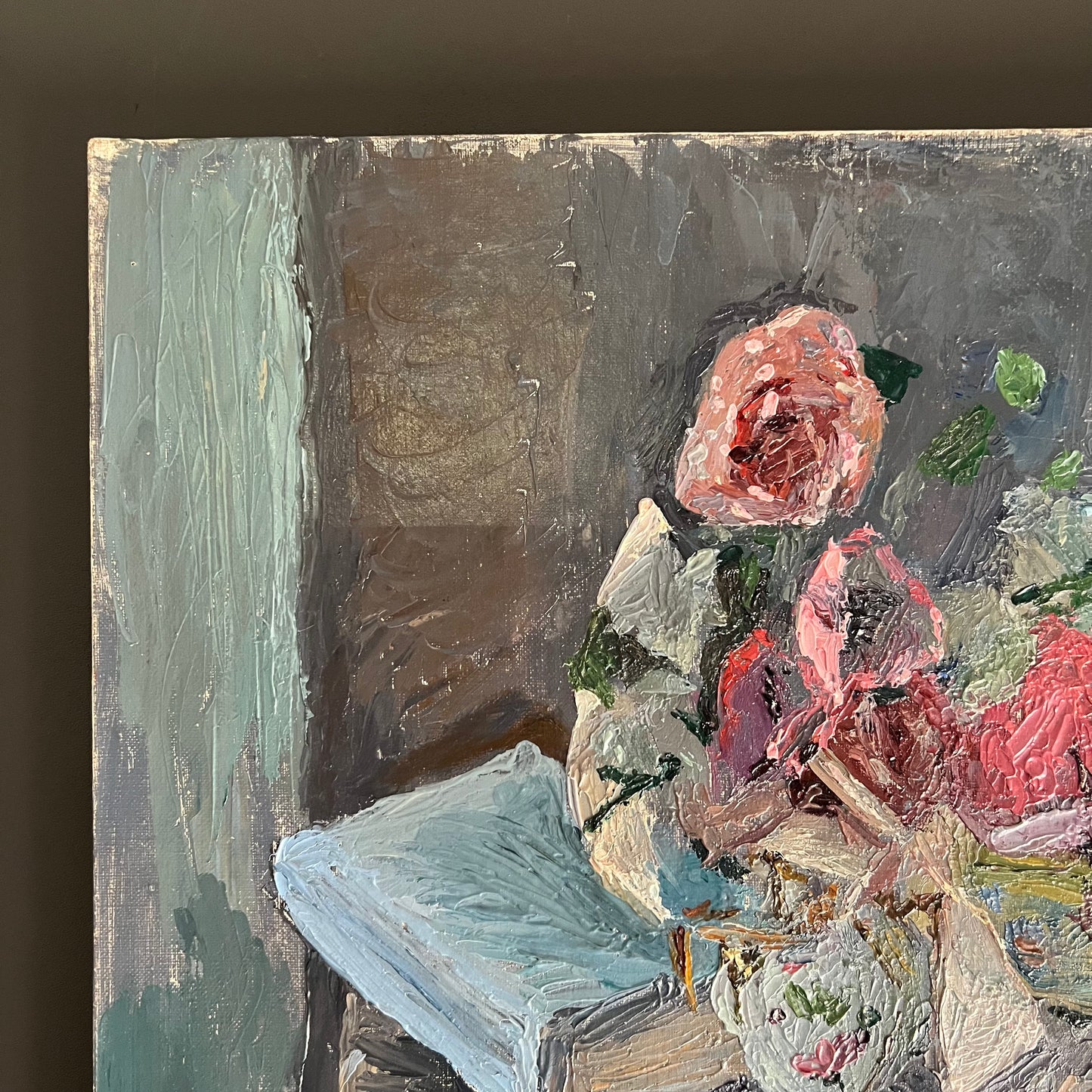 Vintage Oil Painting Still Life Ribbons Shells and Rose French 1960