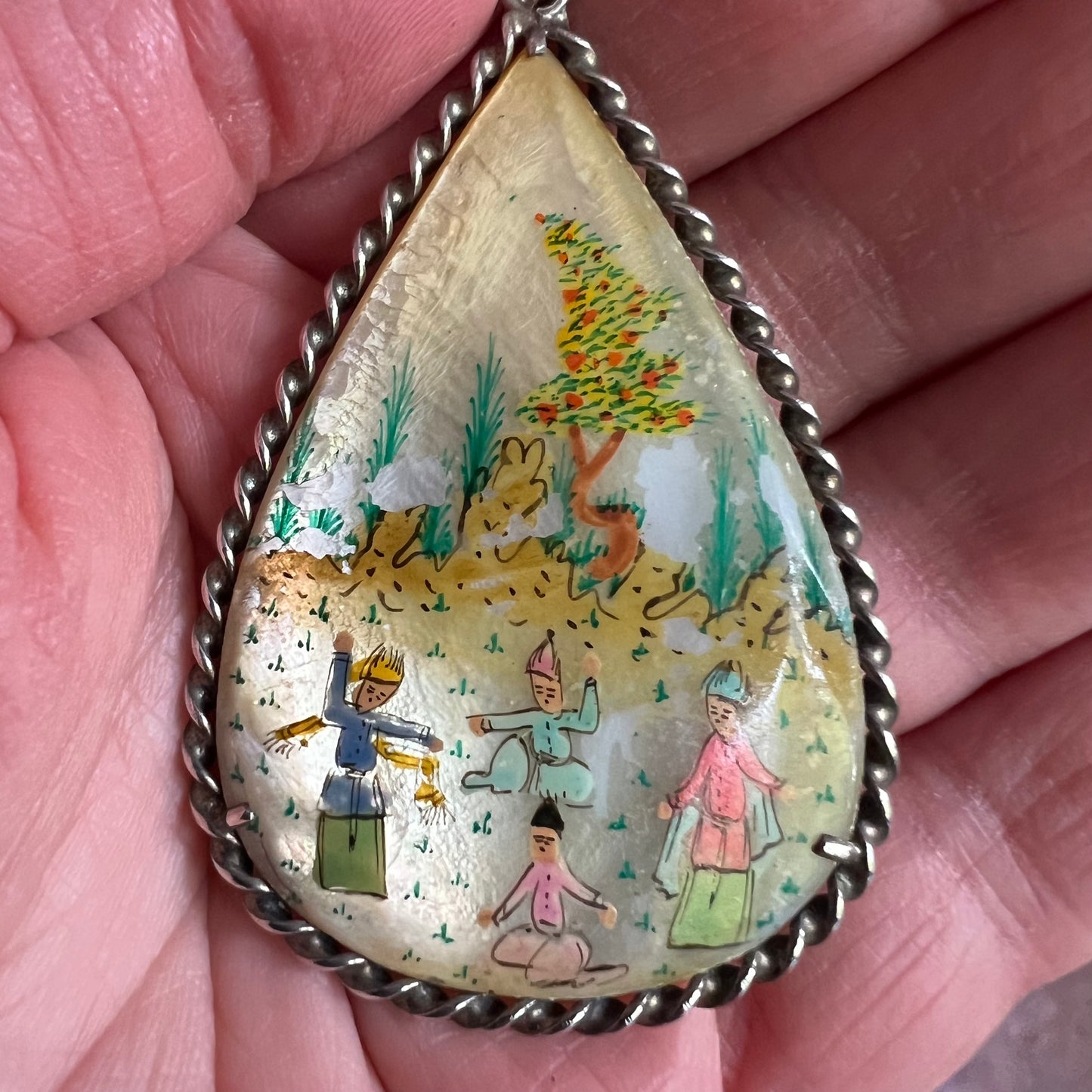Vintage Persian Sterling Silver Mother of Pearl Double Sided Hand Painted Pendant
