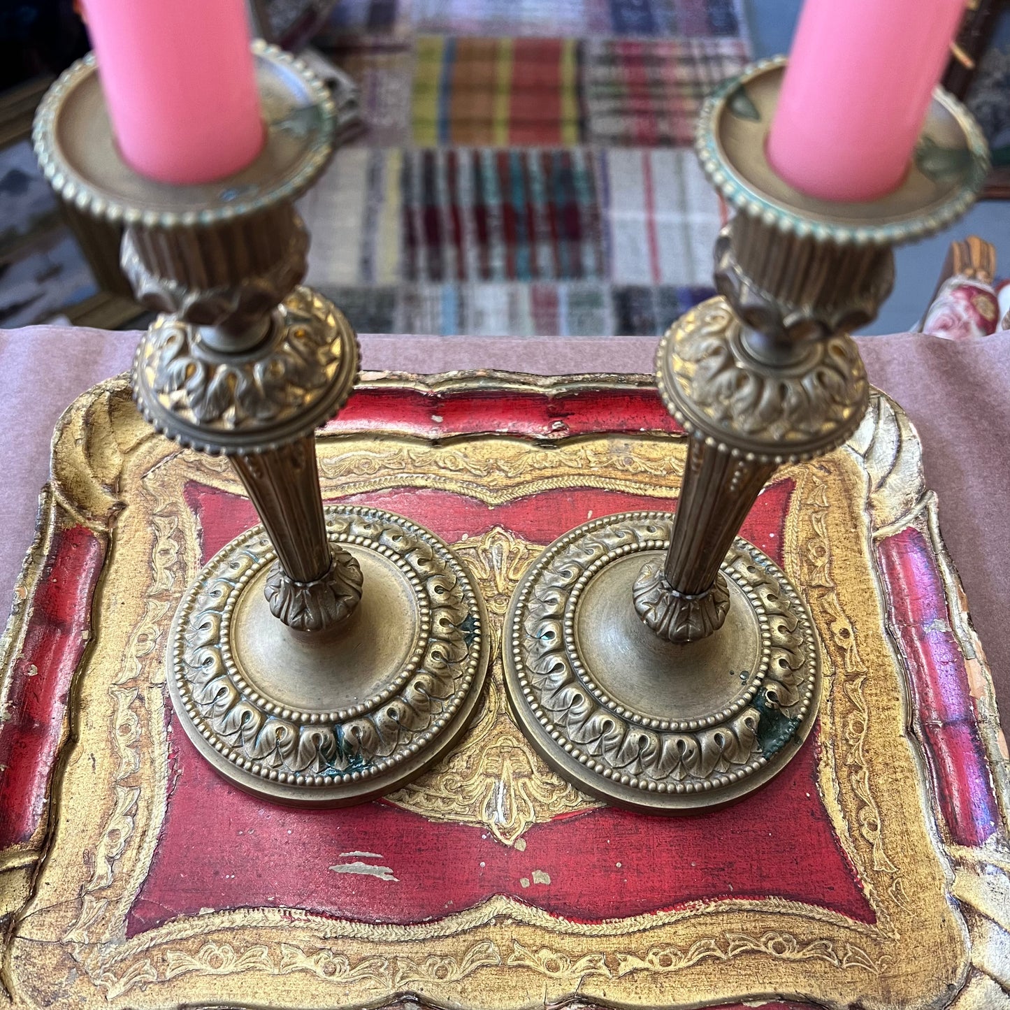 Vintage Fancy Gold Gilt Candlesticks Pair