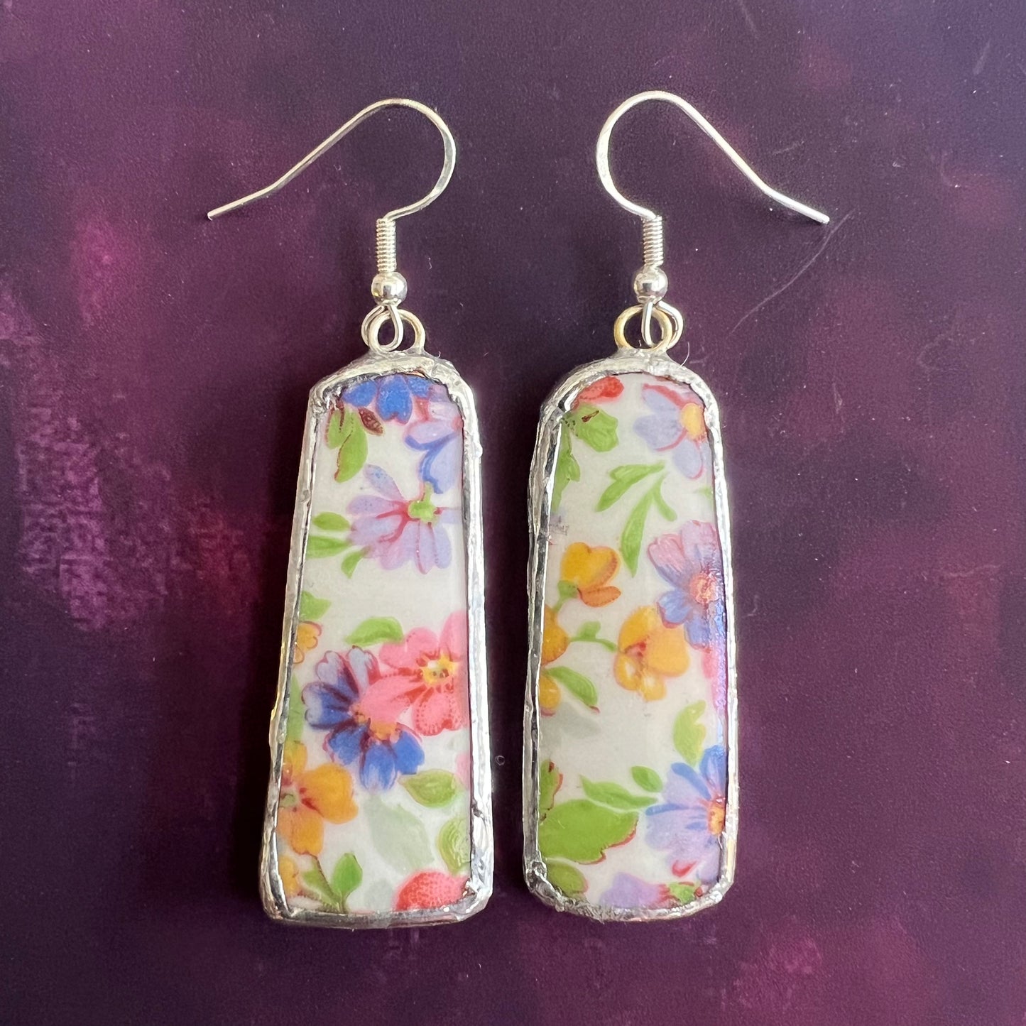 Vintage China Earrings Multi coloured Flowers