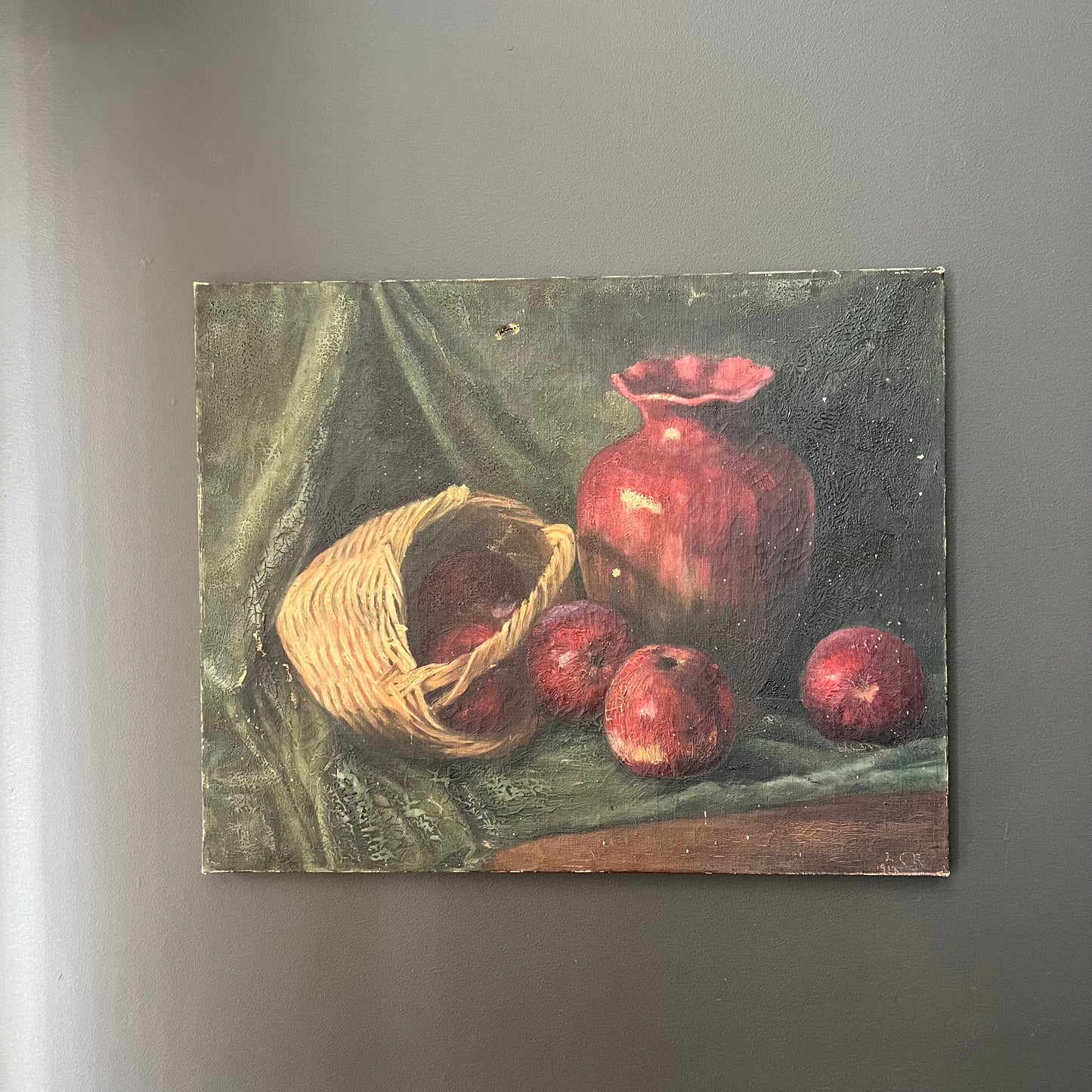 Rustic Antique Oil Painting Still Life of Vase, Apples & Basket