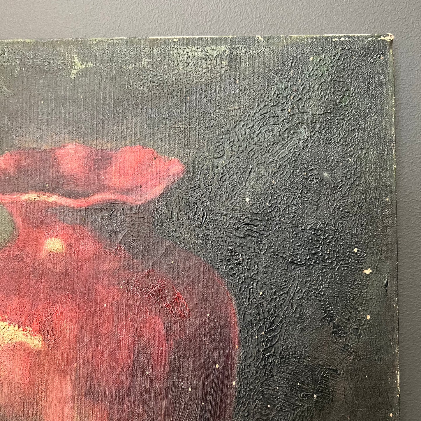 Rustic Antique Oil Painting Still Life of Vase, Apples & Basket