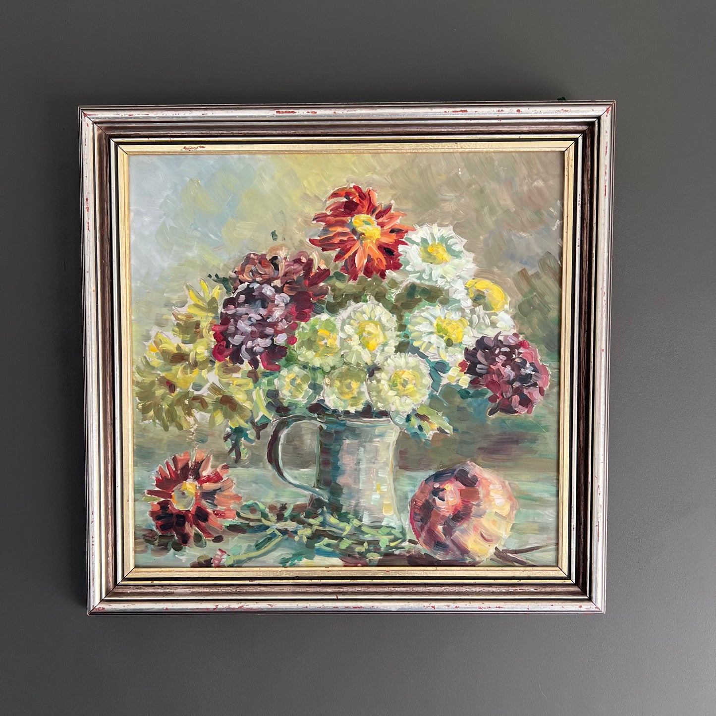 Vintage Still Life Painting Dahlias in Jug with Pomegranate