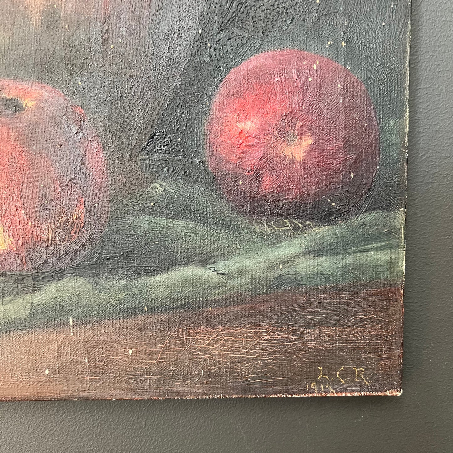 Rustic Antique Oil Painting Still Life of Vase, Apples & Basket