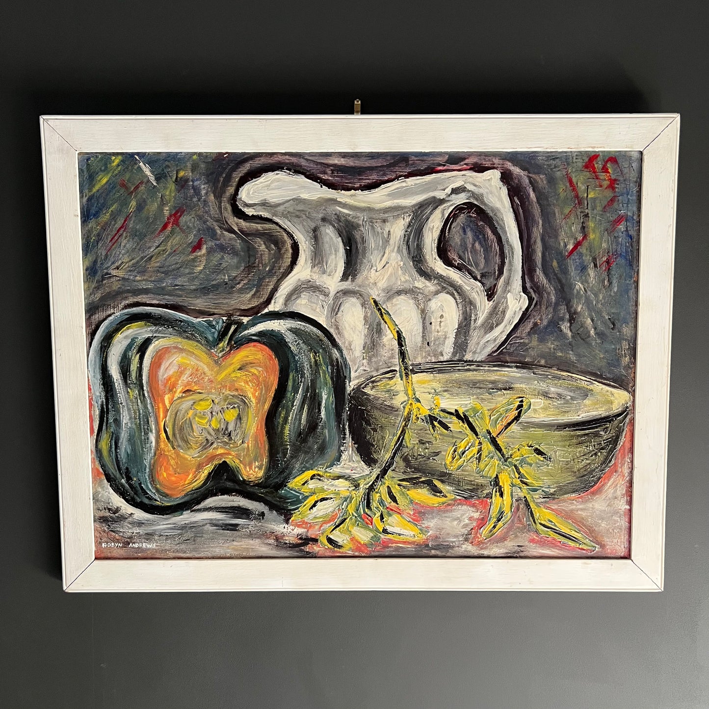 Large Vintage Oil Painting Still Life Pumpkin, Pitcher and Porridge 1970