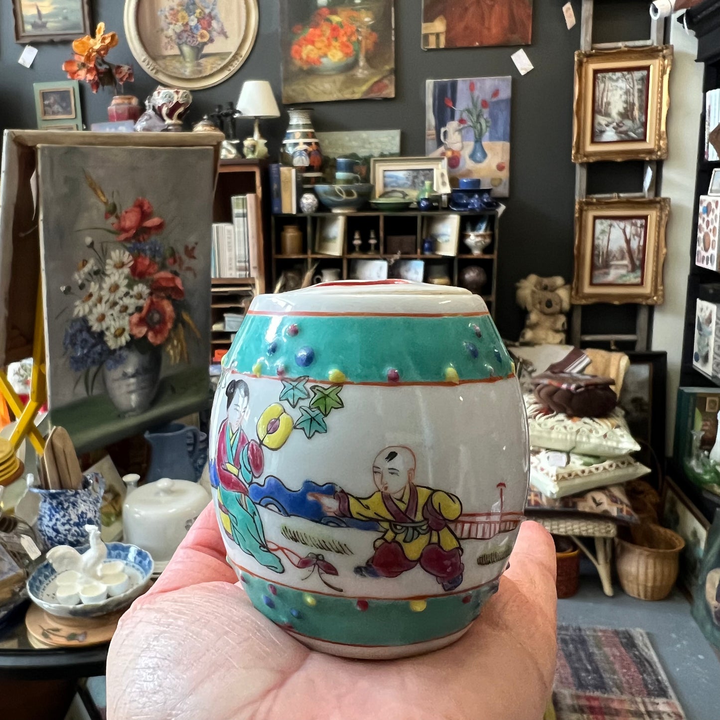 Vintage Hand Painted Chinese Petite Ginger Jar with Pierced Lid Famille Rose