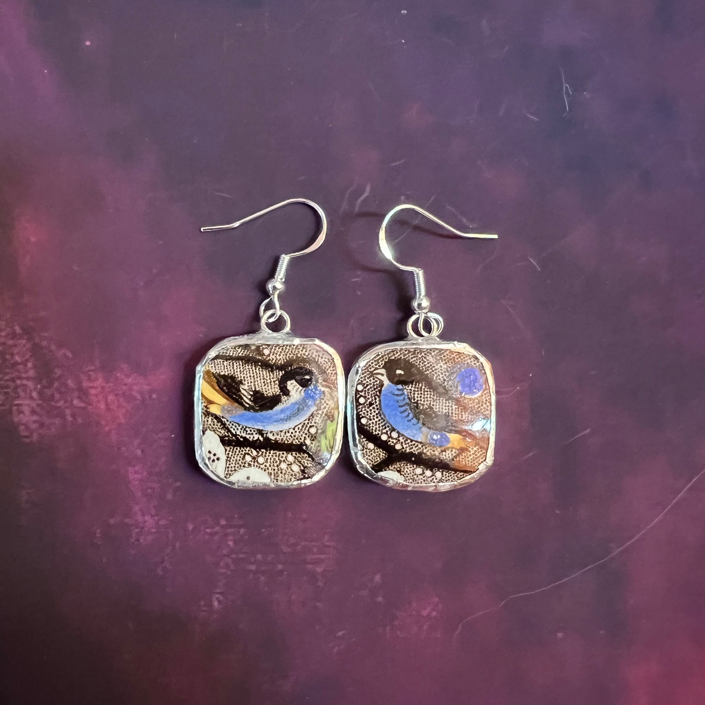 Vintage China Earrings Blue Birds