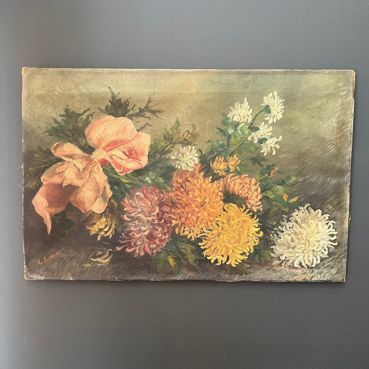 Antique Oil Painting Chrysanthemums with Pink Bow Belgium 1920s