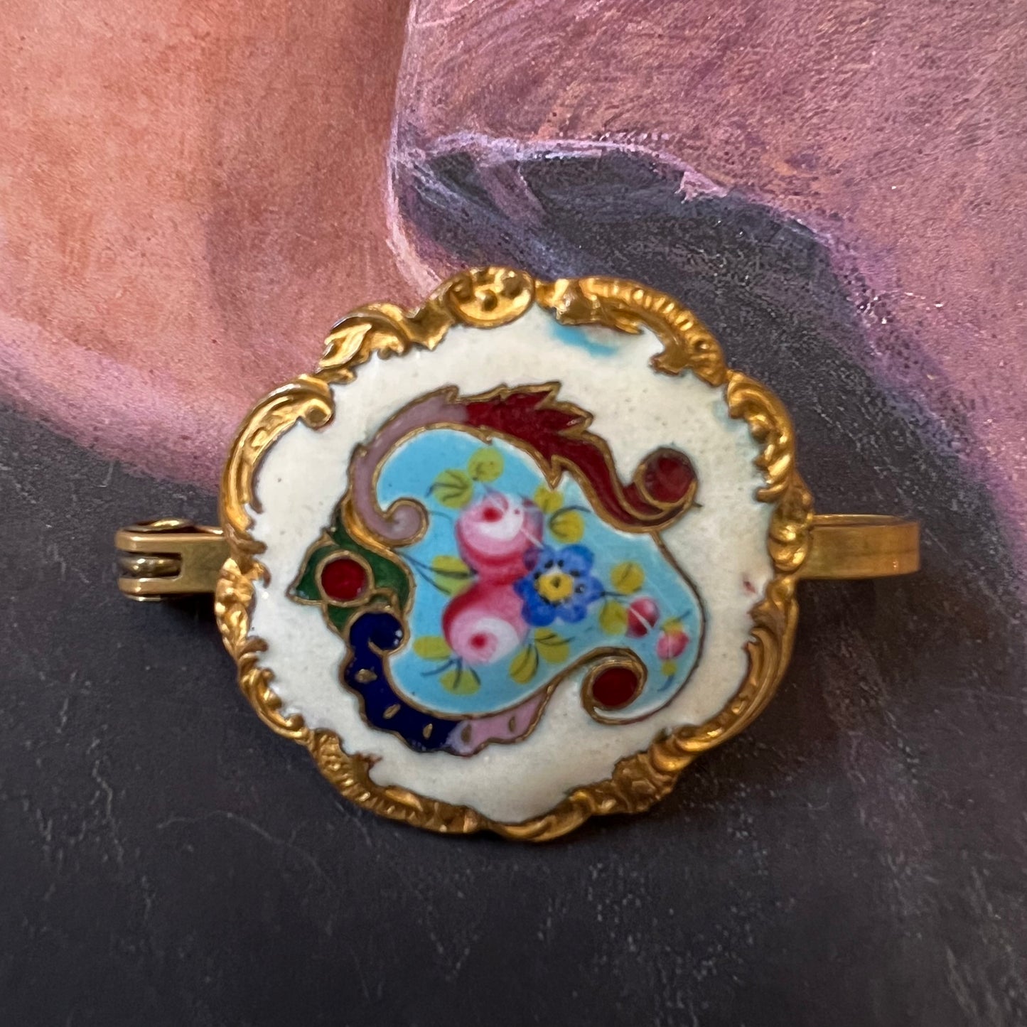Beautiful Antique French Enamel Champleve Button Brooch c1900s