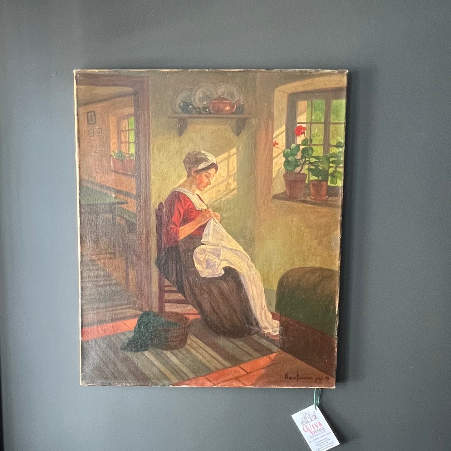 Antique Dutch Oil Painting Woman Sewing 1919