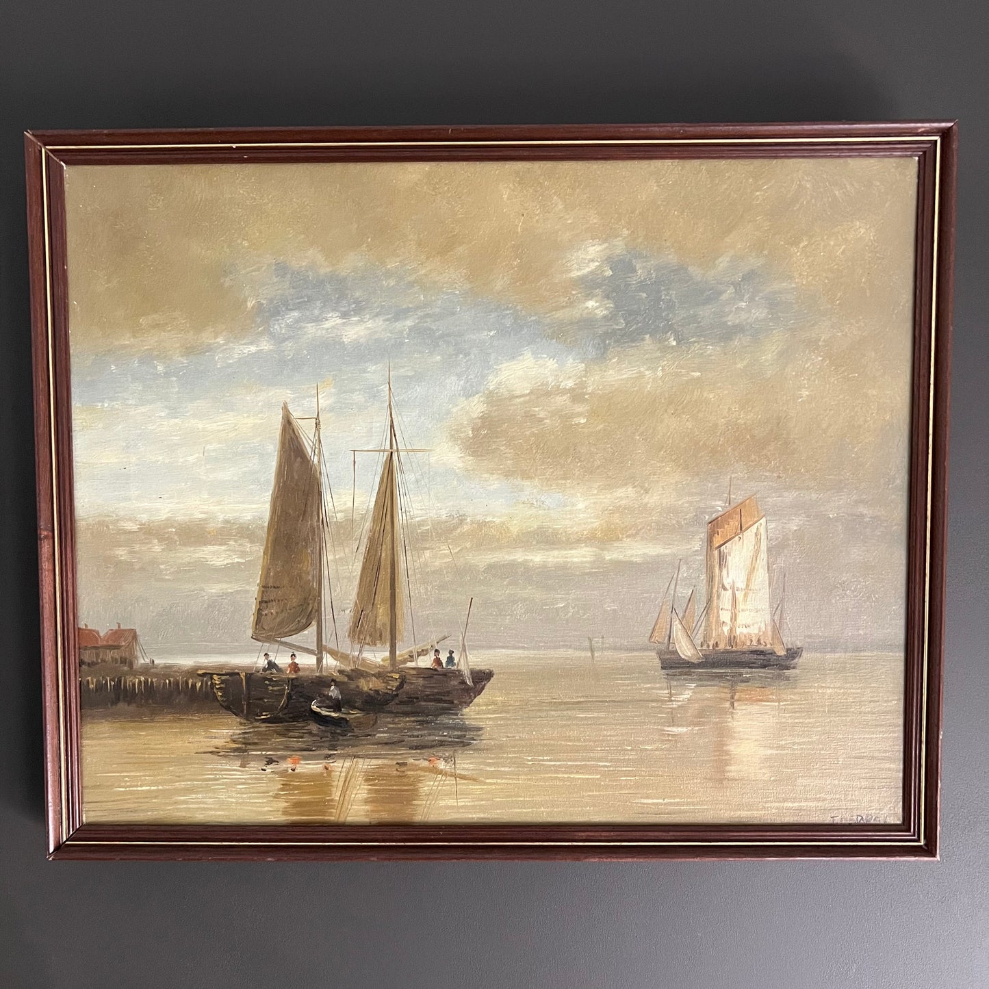 Vintage Seascape Painting Sail Boats in a Harbour