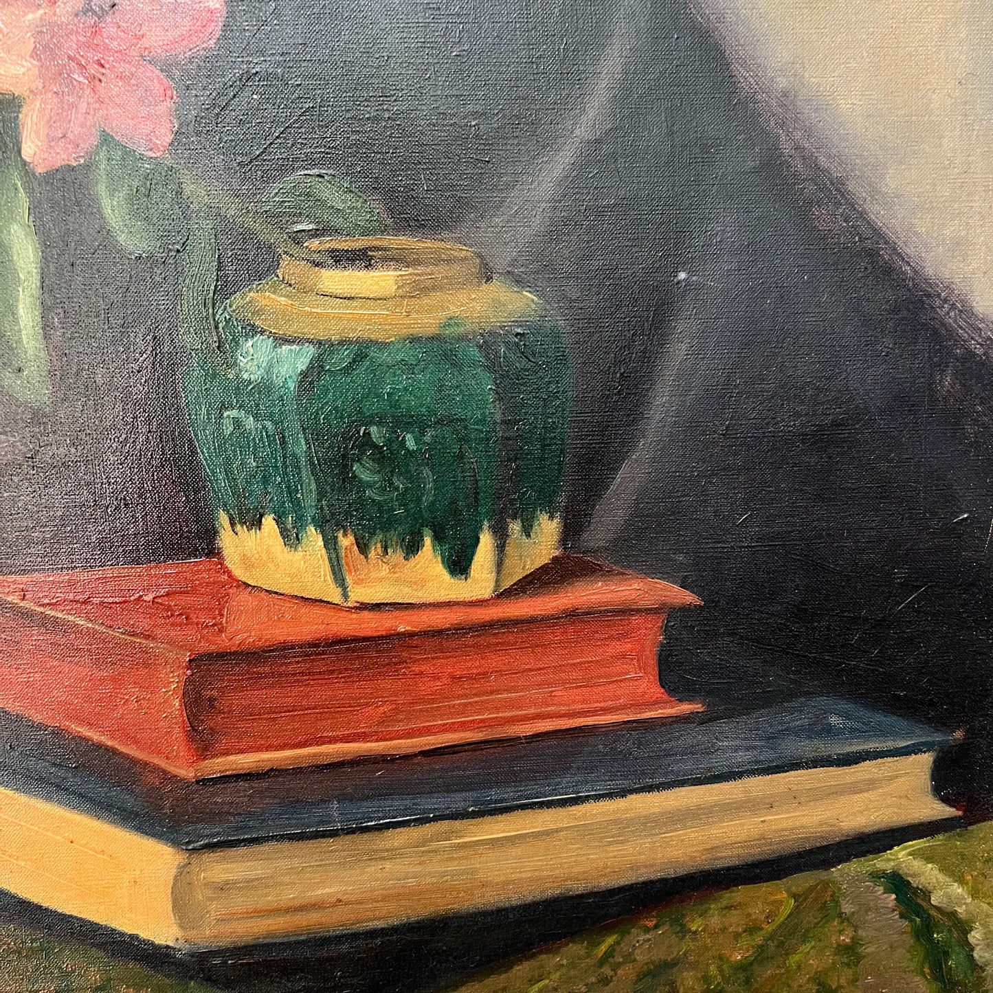 Vintage Oil Painting Still Life of Books, Ginger Jar & Rhododendron