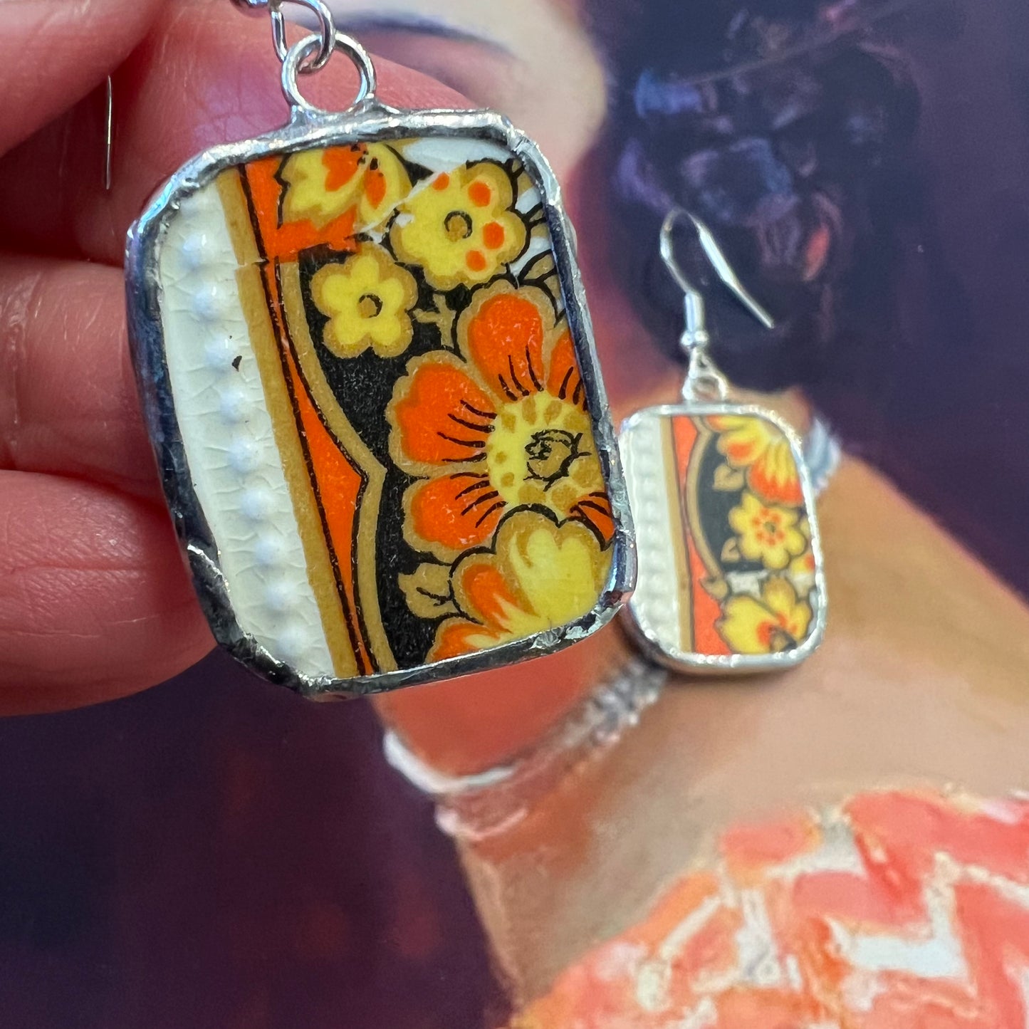 Vintage China Earrings Art Deco Floral Wedgwood