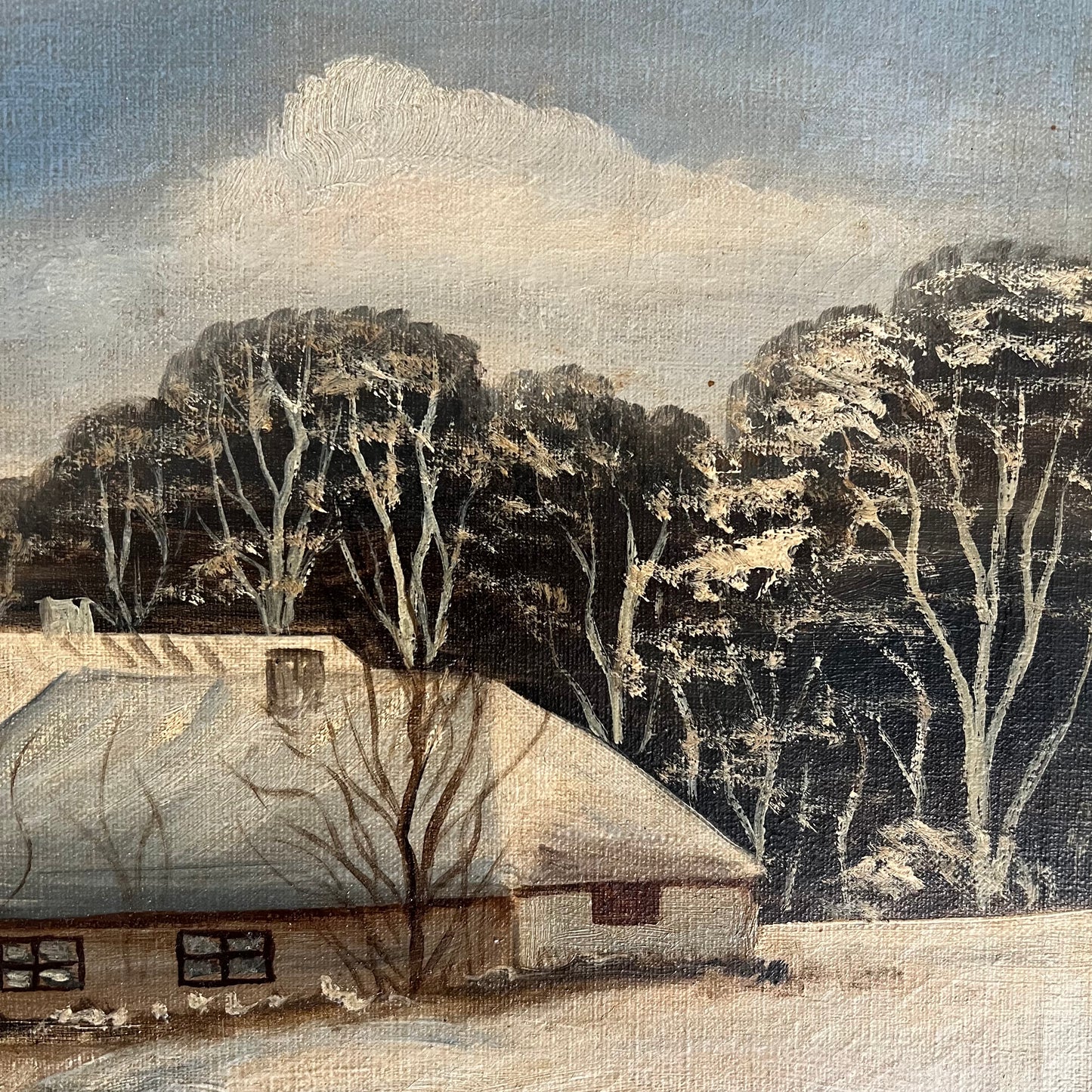 Vintage Oil Painting Winter Landscape Cottage in the Snow