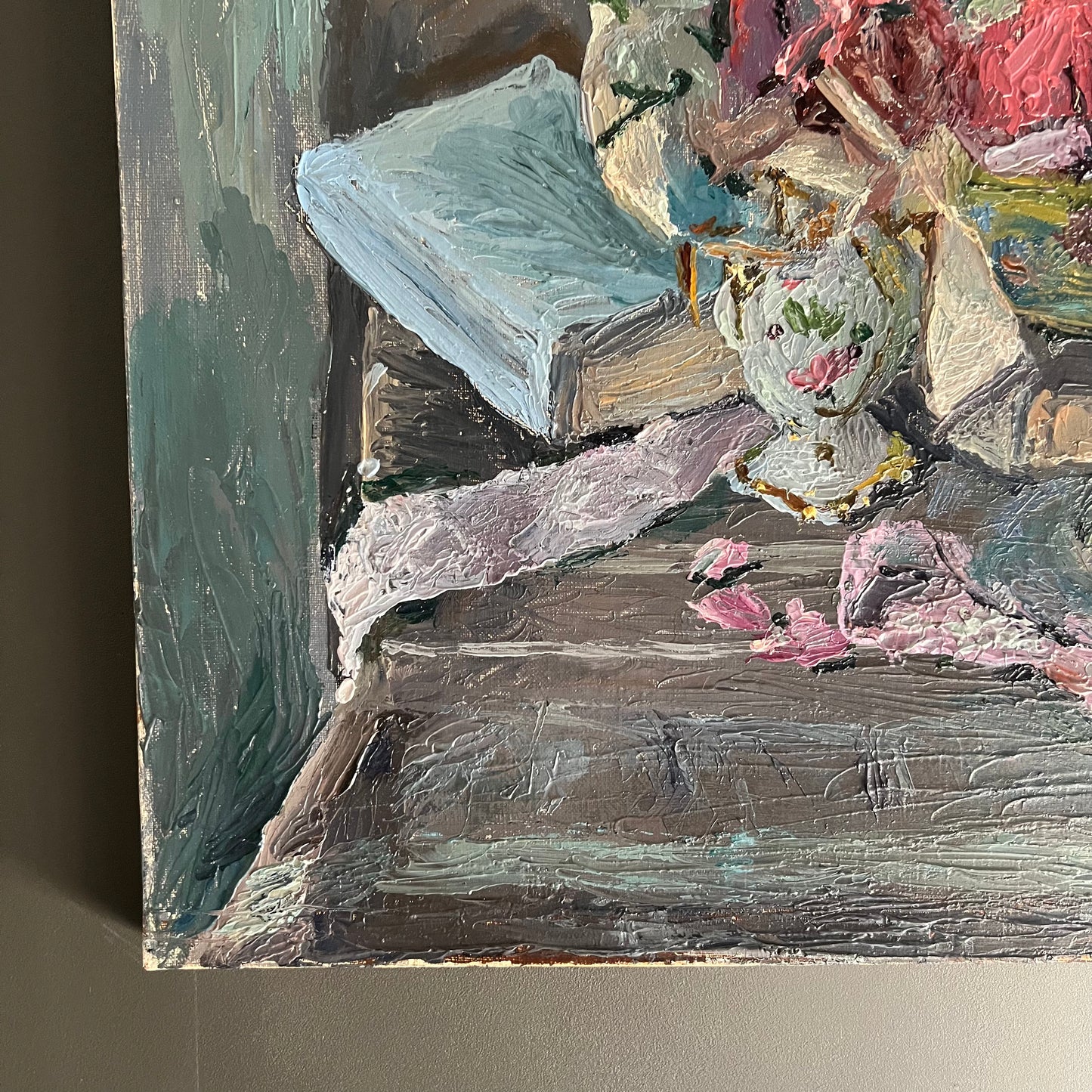 Vintage Oil Painting Still Life Ribbons Shells and Rose French 1960