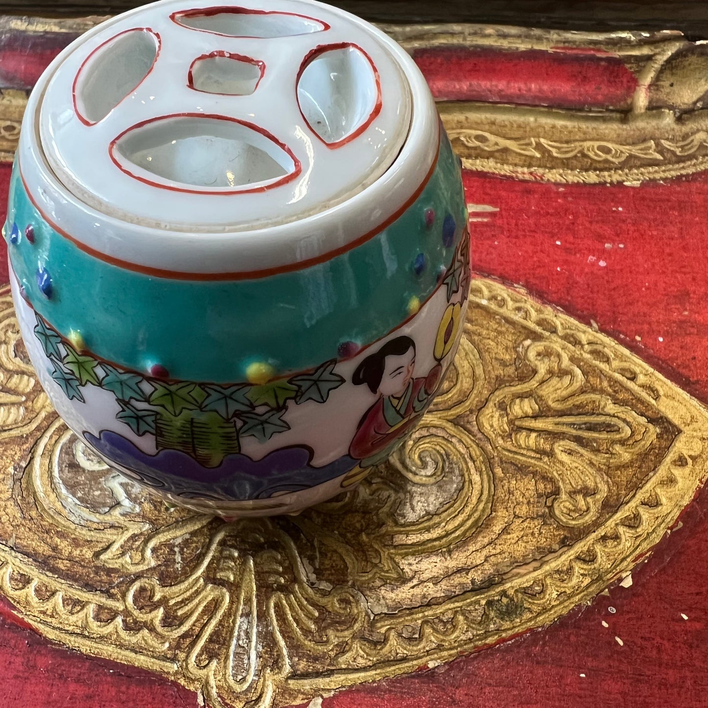 Vintage Hand Painted Chinese Petite Ginger Jar with Pierced Lid Famille Rose