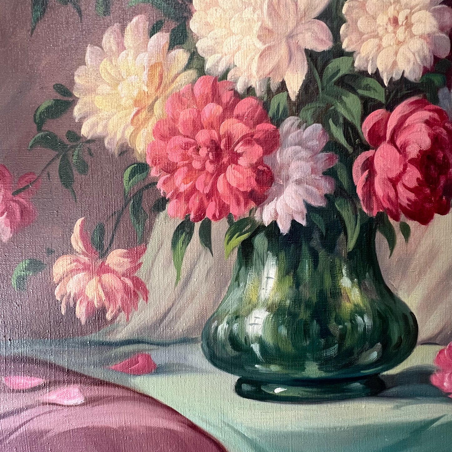 Vintage Oil Painting Dutch Still Life Pretty Peonies & Dahlias